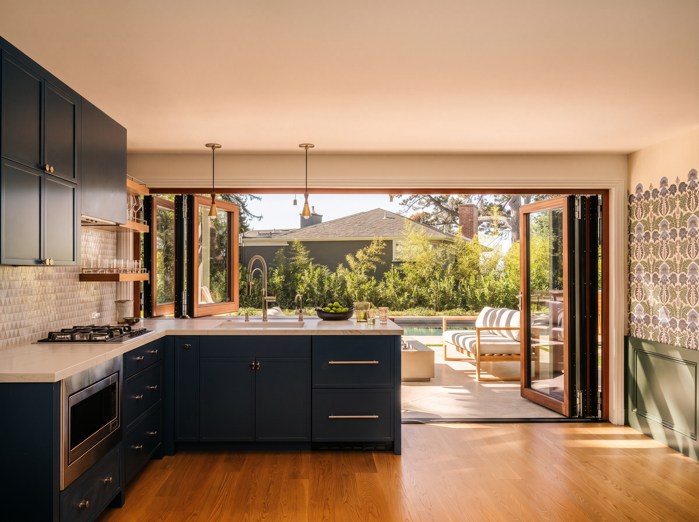 A sunlit kitchen with navy cabinets opening onto a garden — a home mid-becoming